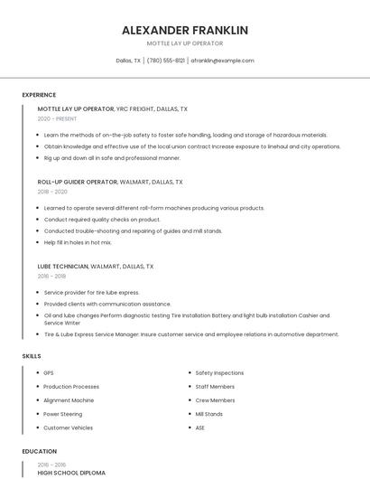 Mottle Lay Up Operator Resume