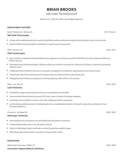 MRI Chief Technologist Resume