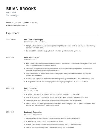 MRI Chief Technologist Resume
