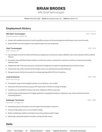 MRI Chief Technologist Resume