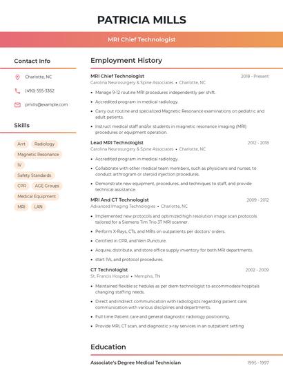 MRI Chief Technologist Resume