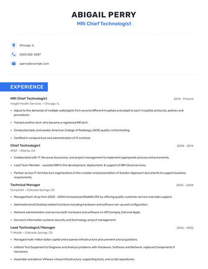 MRI Chief Technologist Resume