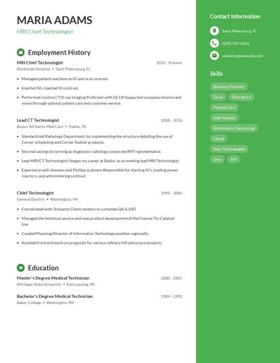 MRI Chief Technologist Resume