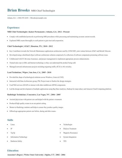 MRI Chief Technologist Resume