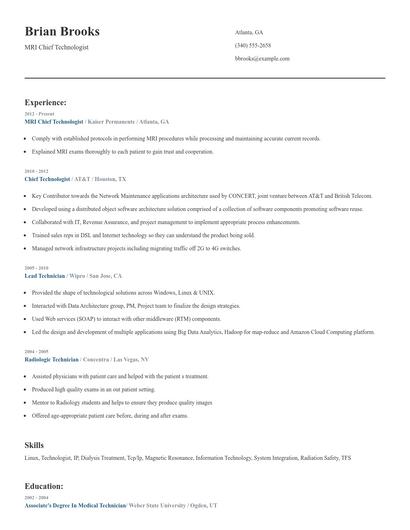 MRI Chief Technologist Resume