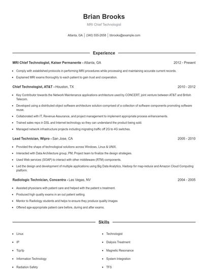 MRI Chief Technologist Resume
