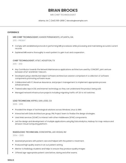 MRI Chief Technologist Resume