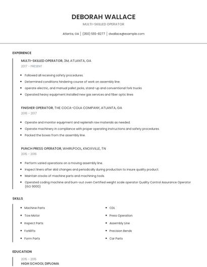 Multi-Skilled Operator Resume