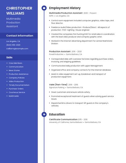 Multimedia Production Assistant Resume