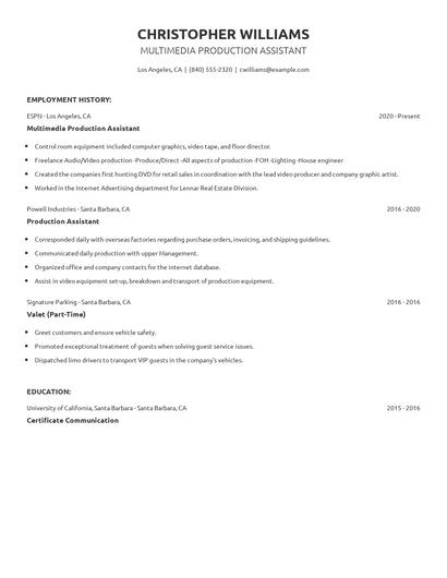 Multimedia Production Assistant Resume