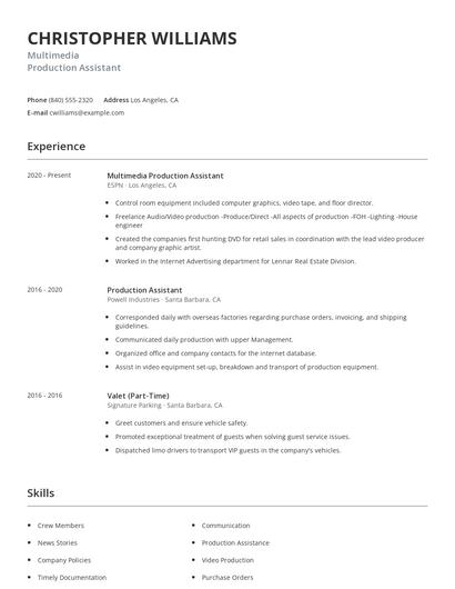 Multimedia Production Assistant Resume