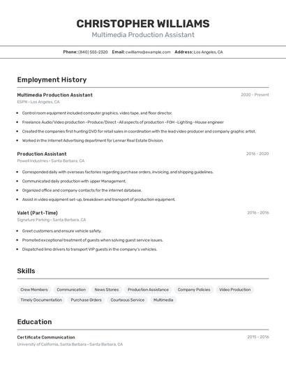 Multimedia Production Assistant Resume