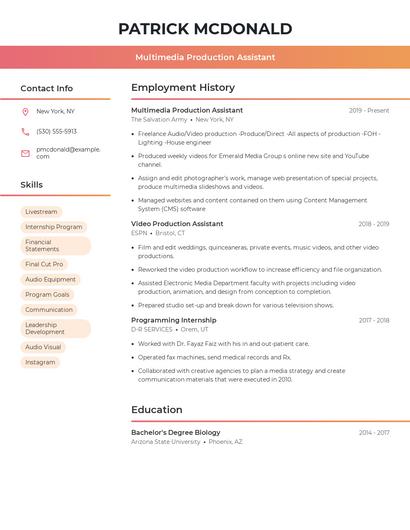 Multimedia Production Assistant Resume