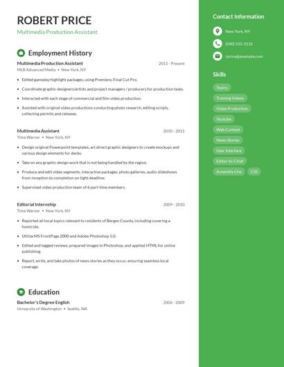 Multimedia Production Assistant Resume