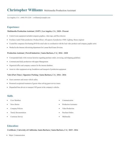 Multimedia Production Assistant Resume