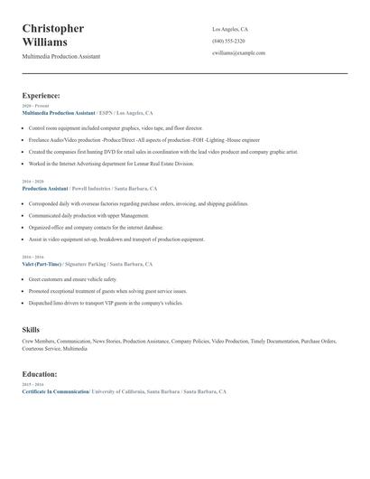 Multimedia Production Assistant Resume