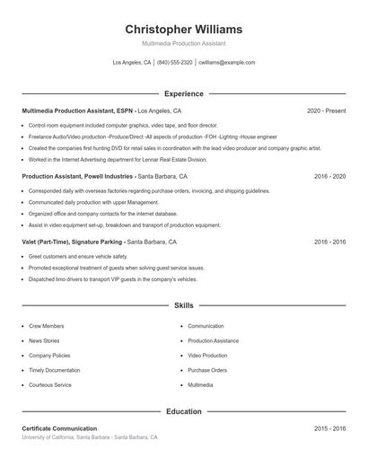 Multimedia Production Assistant Resume