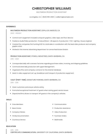 Multimedia Production Assistant Resume