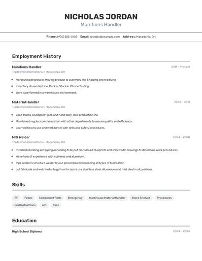 Munitions Handler Resume