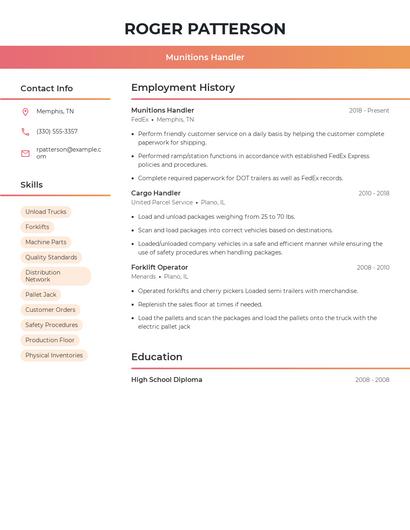 Munitions Handler Resume