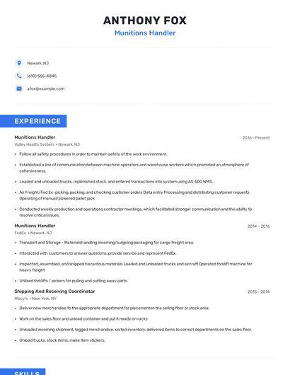 Munitions Handler Resume