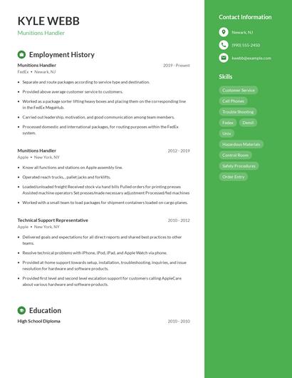 Munitions Handler Resume