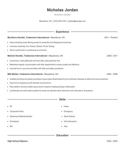 Munitions Handler Resume