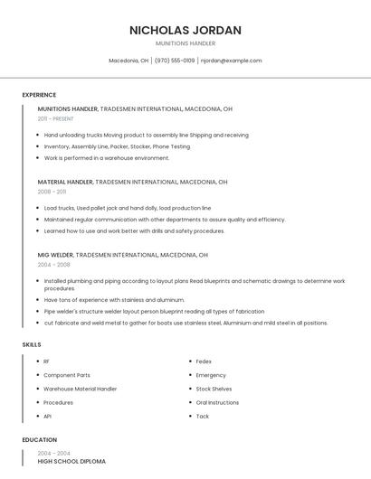 Munitions Handler Resume