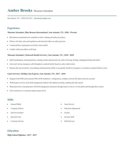 Museum Attendant Resume
