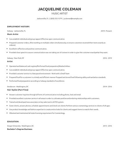 Music Artist Resume