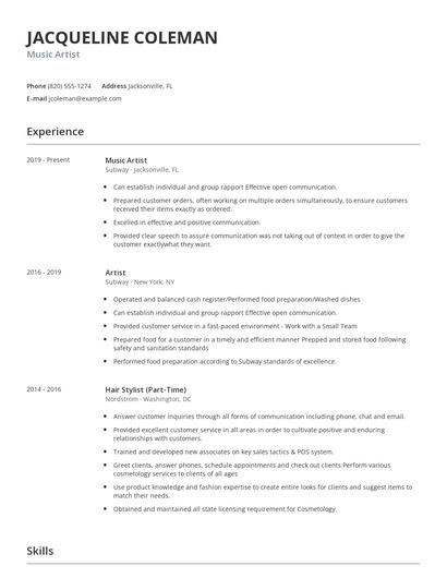 Music Artist Resume