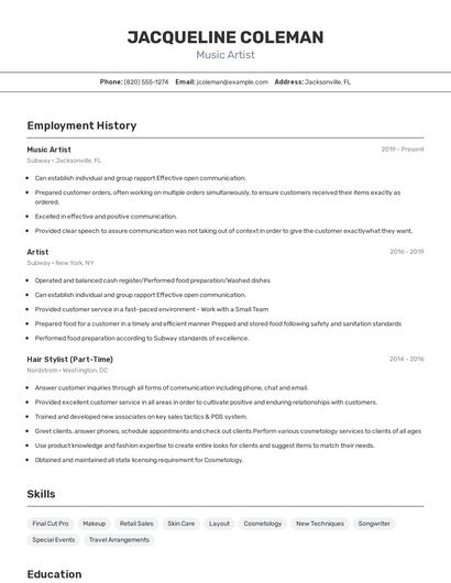 Music Artist Resume