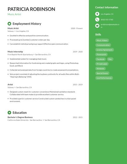 Music Artist Resume