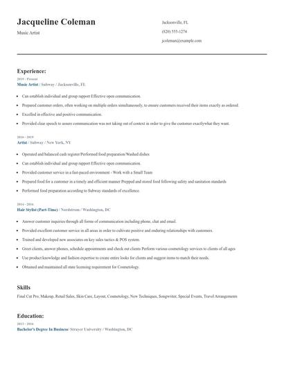 Music Artist Resume