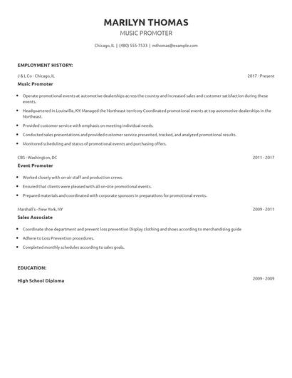 Music Promoter Resume