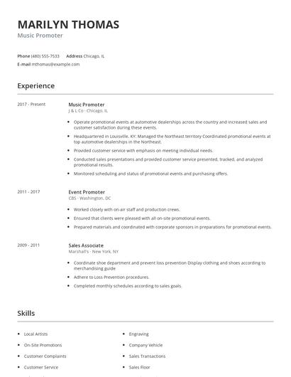 Music Promoter Resume
