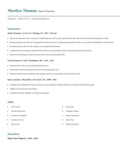 Music Promoter Resume