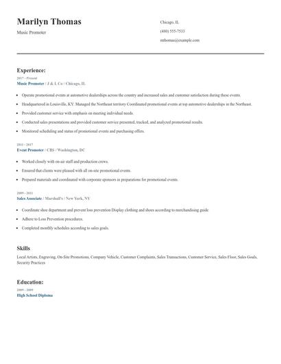 Music Promoter Resume