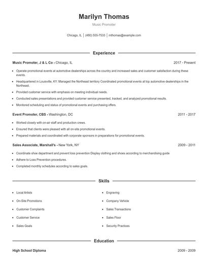Music Promoter Resume