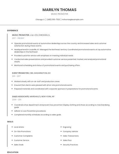 Music Promoter Resume