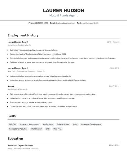 Mutual Funds Agent Resume