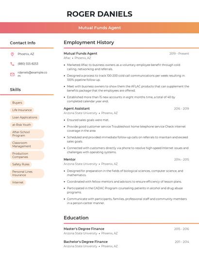 Mutual Funds Agent Resume