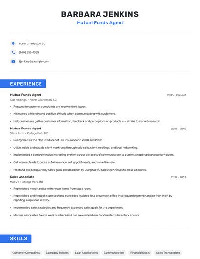 Mutual Funds Agent Resume