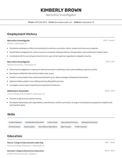 Narcotics Investigator Resume