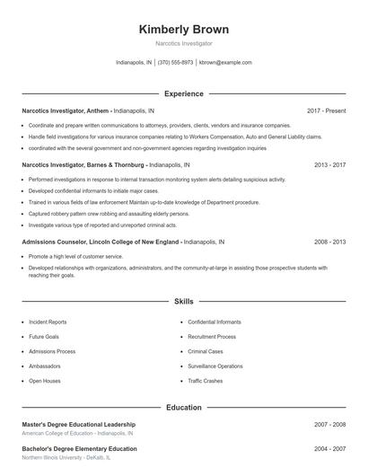 Narcotics Investigator Resume