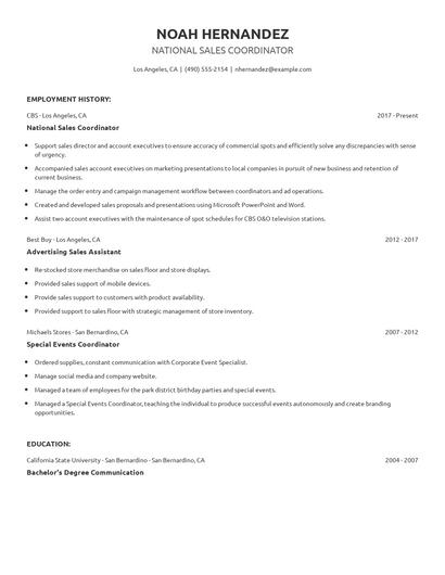 National Sales Coordinator Resume