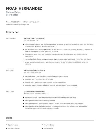 National Sales Coordinator Resume