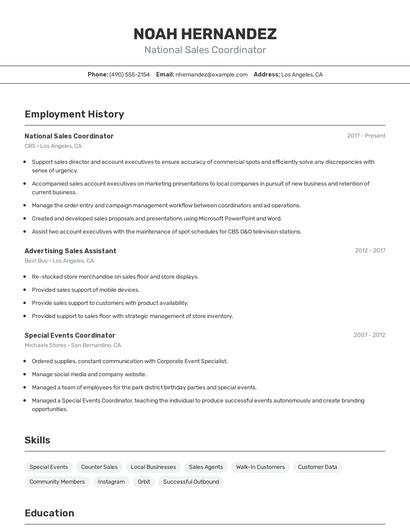 National Sales Coordinator Resume