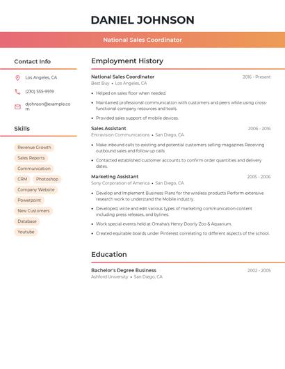 National Sales Coordinator Resume