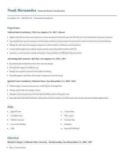 National Sales Coordinator Resume